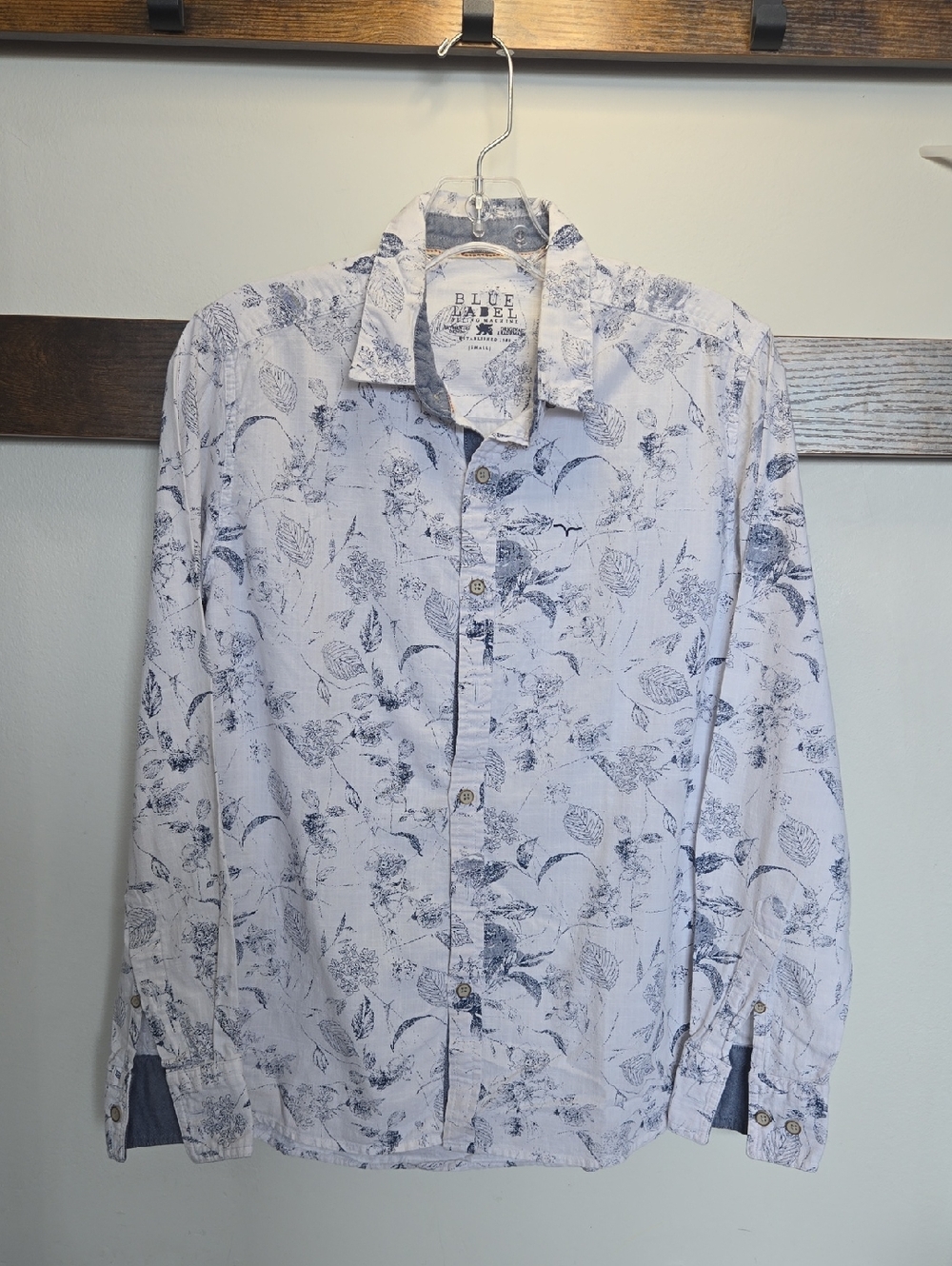 Flying Machine White Button-Down Shirt with Blue Botanical Print